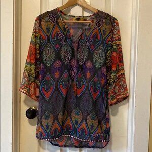 Bohemian Boho Red and Purple Vibrant Sheer Tunic with Tassels Artsy